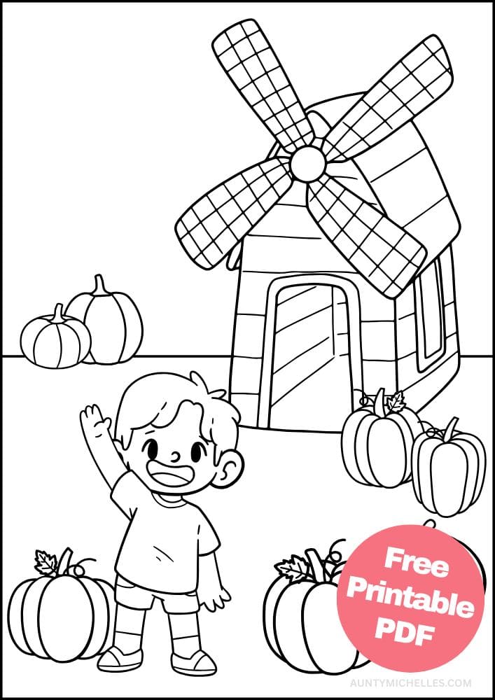 fall themed coloring page with a kid waving while standing in a pumpkin patch with a small barn behind him