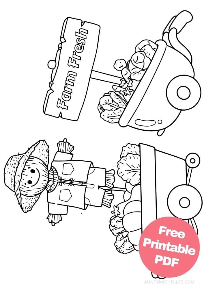 printable coloring page with two wheel barrows full of freshly picked vegetables and one has a cute scarecrow sticking out of it
