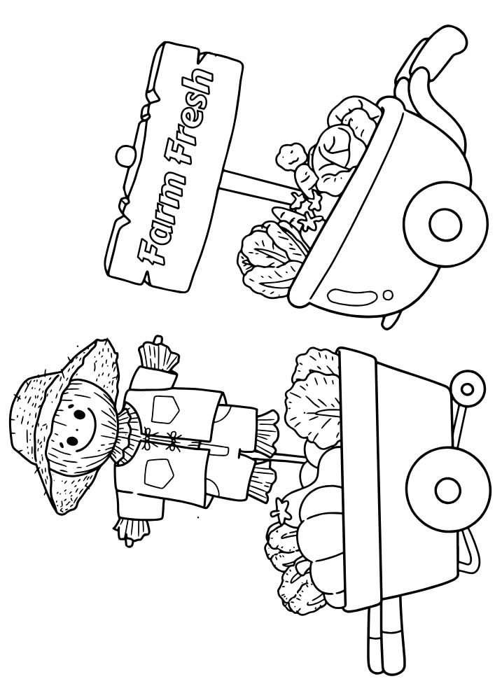 Free Printable Fall Coloring Pages for Kids Autumn Sheets scarecrow farm wheel barrow coloring book pdf download September October November