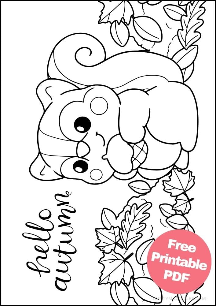 autumn coloring page with a chipmunk eating an acorn
