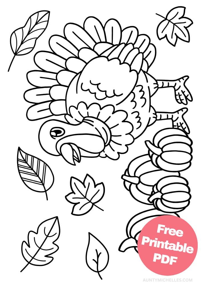 fall themed printable coloring page with a turkey standing next to pumpkins