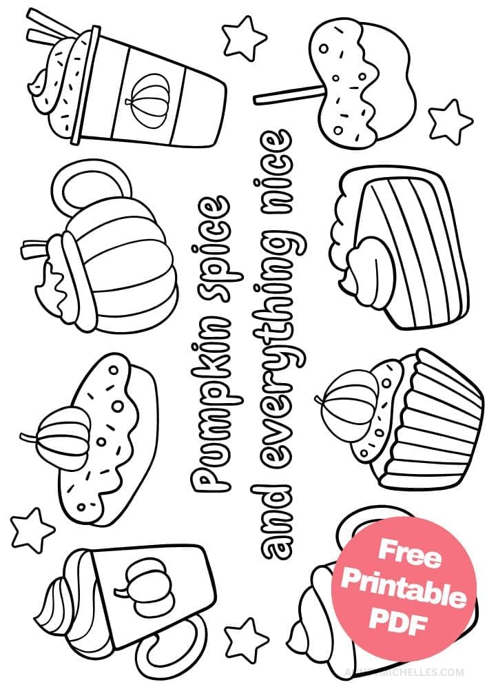 Pumpkin spice coloring page with a pumpkin spice lattes, a pumpkin donut, pumpkin pie, a pumpkin cupcake and a candy apple.