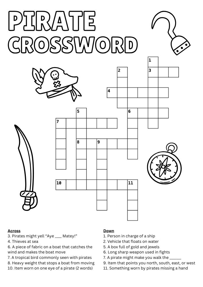 Free Printable Pirate Worksheets for Kids pirates puzzle games pdf crossword