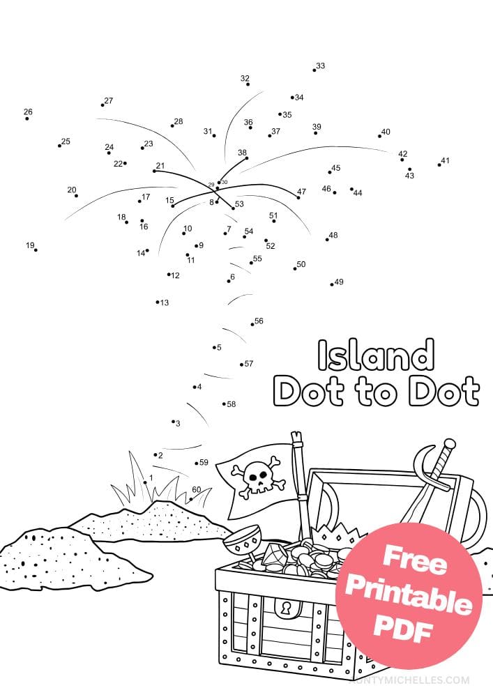 Palm Tree Dot to Dot (Connect the Dot) for Kids with Pirates Treasure