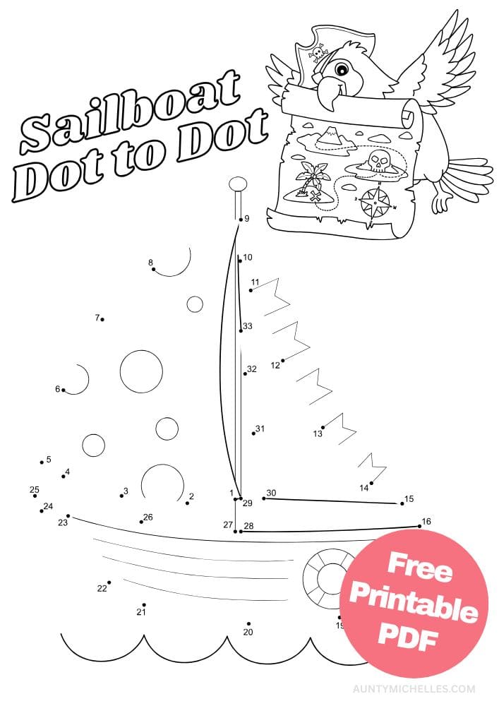 Sailboat Dot to Dot (Connect the Dot) for Kids with Parrot and Treasure Map