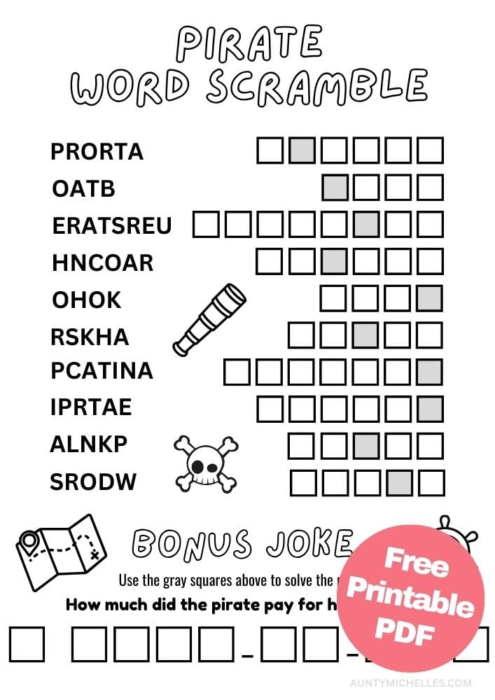 Pirate Themed Word Scramble Worksheets for Kids