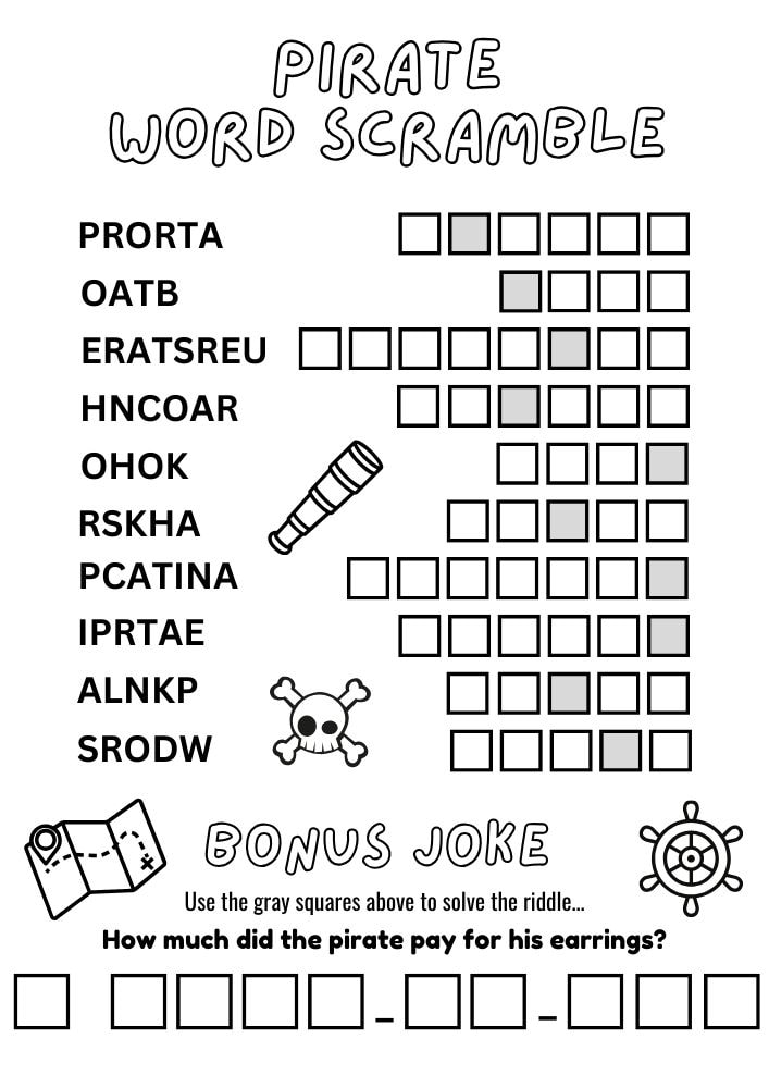 Free Printable Pirate Worksheets for Kids pirates puzzle games pdf word scramble