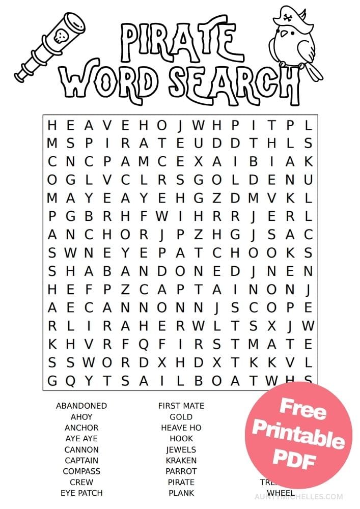 Pirate Word Search Worksheets for Kids