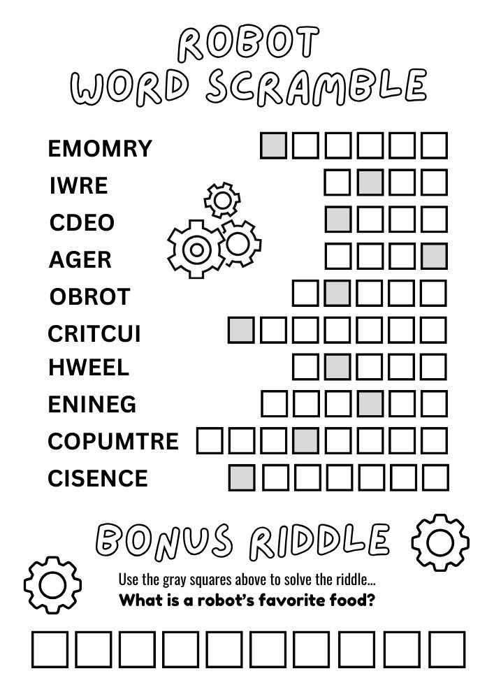 Free Printable Robots Worksheets for Kids Activities Games Puzzles PDF Download Word Scramble