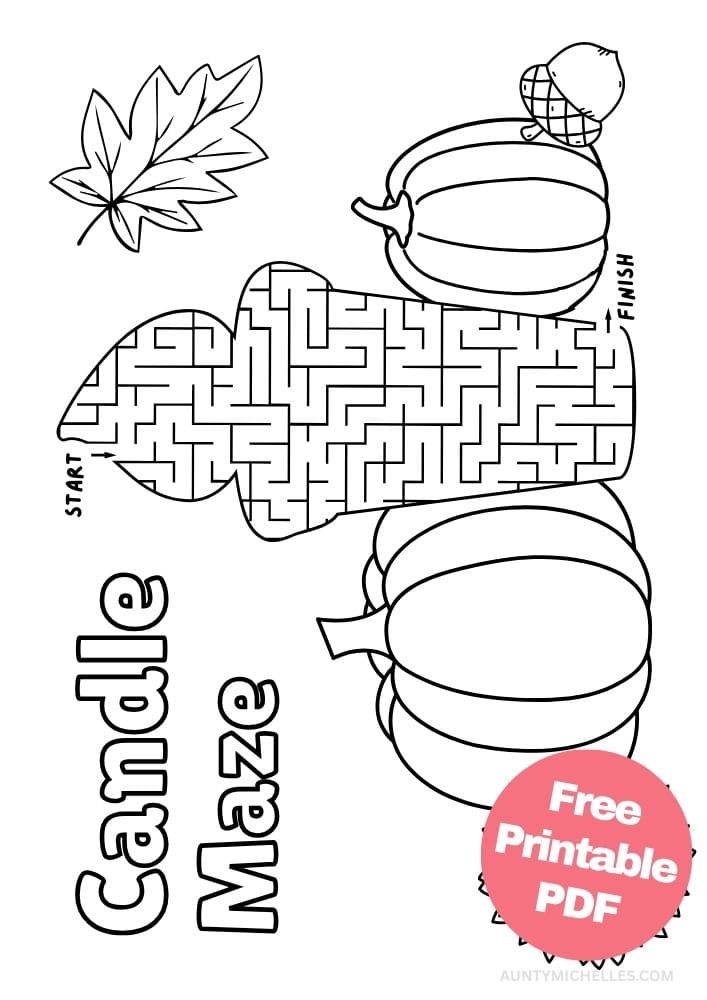 Candle maze activity for kids with pumpkins and sunflowers