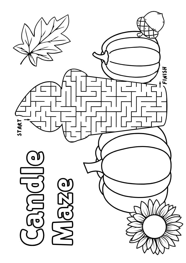 Free Printable Thanksgiving Activities for kids Worksheets Games Puzzles PDF Download candle maze pumpkin Fall Autumn Candle Pumpkin Sunflower Leaf