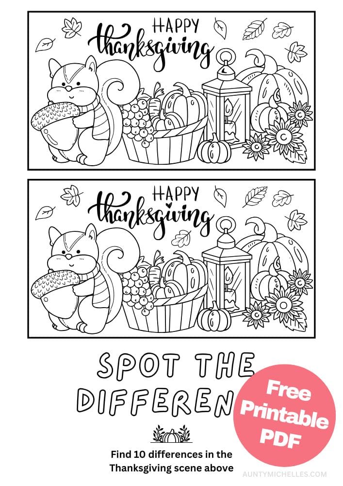 Thanksgiving themed spot the difference printable activity