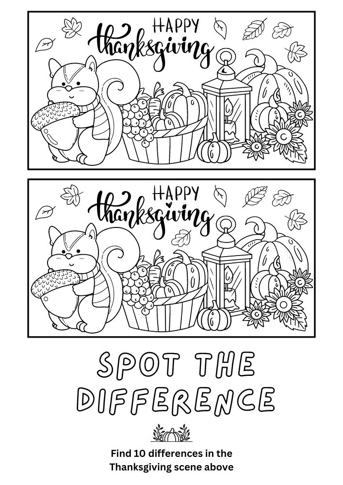 Free Printable Thanksgiving Activities for kids Worksheets Games Puzzles PDF Download chipmunk spot the difference Fall Autumn squirrel chipmunk acorn basket vegetables pumpkin lantern sunflower leaves