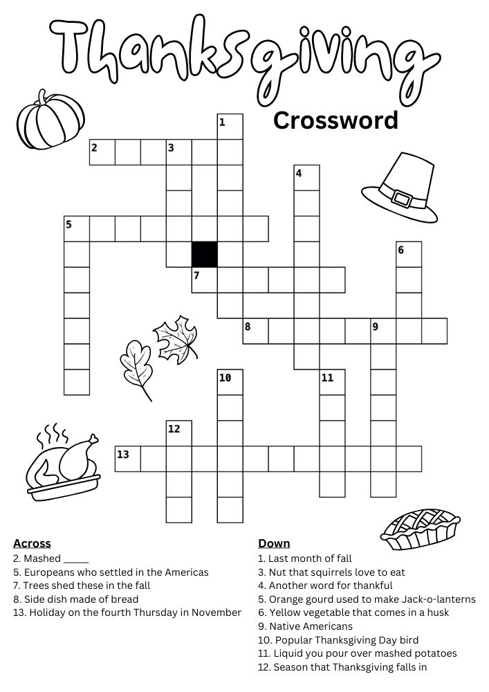 Free Printable Thanksgiving Activities for kids Worksheets Games Puzzles PDF Download crossword Fall Autumn