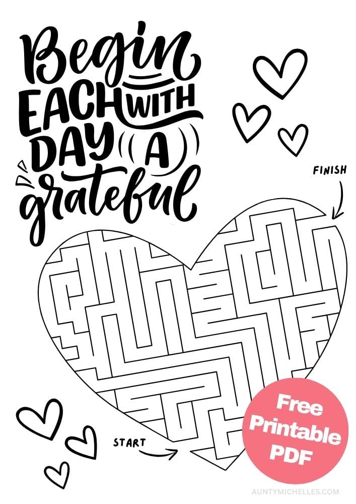 Begin each day with a grateful heart maze activity for kids