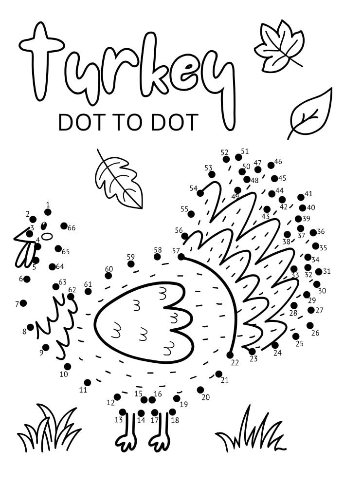 Free Printable Thanksgiving Activities for kids Worksheets Games Puzzles PDF Download turkey dot to dot Fall Autumn leaves