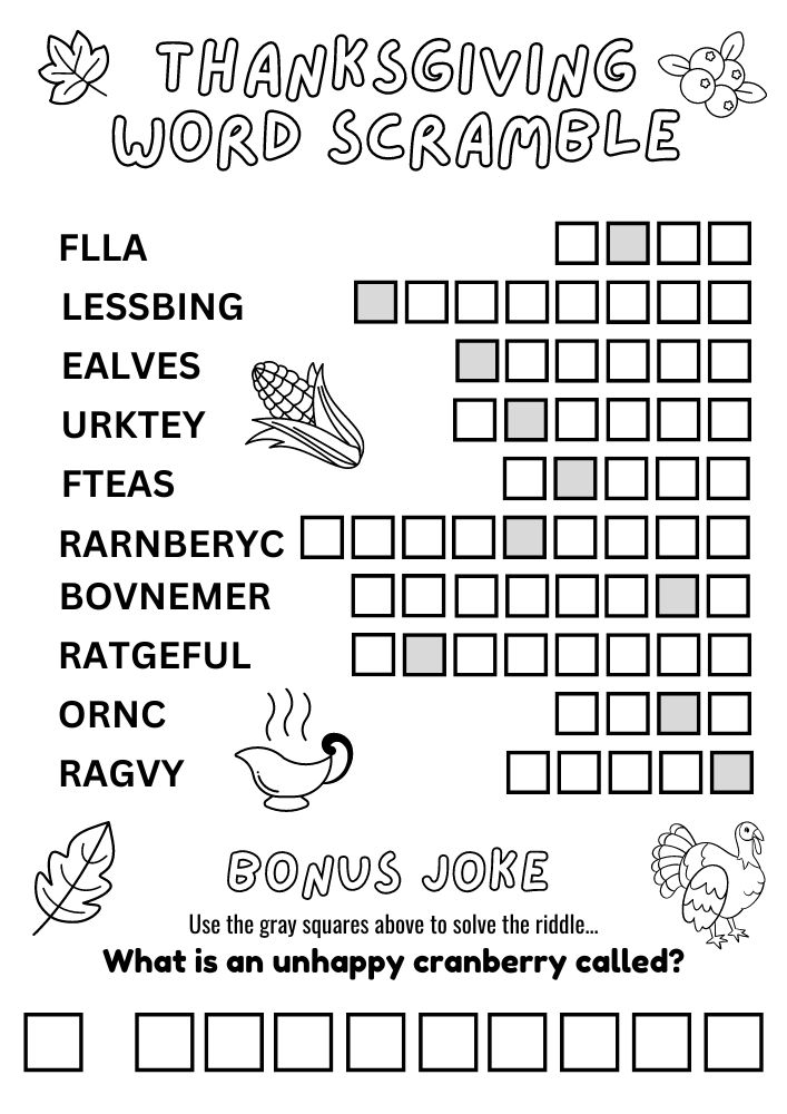 Free Printable Thanksgiving Activities for kids Worksheets Games Puzzles PDF Download word scramble Fall Autumn