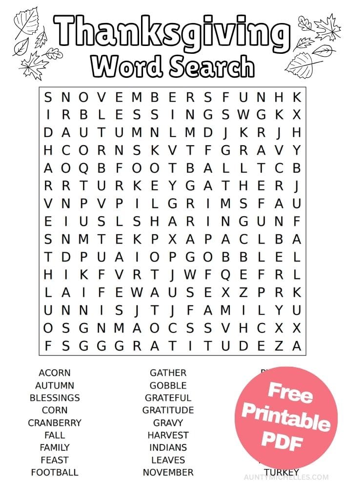 Thanksgiving themed word search printable activity