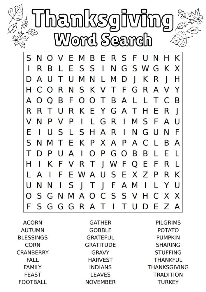 Free Printable Thanksgiving Activities for kids Worksheets Games Puzzles PDF Download word search Fall Autumn