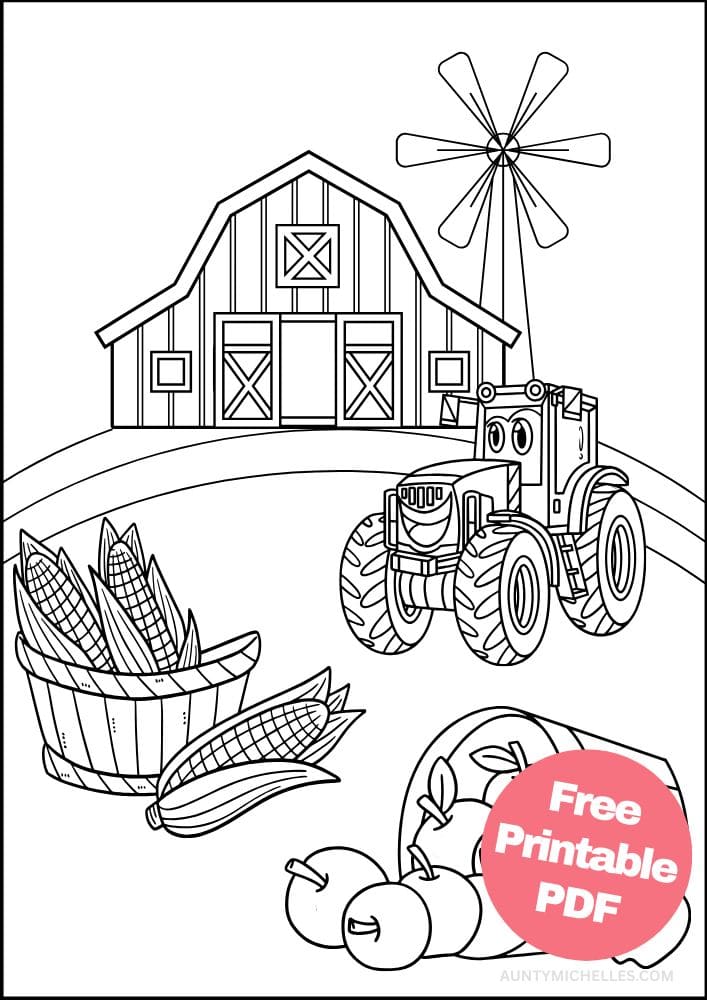 Thanksgiving themed coloring page features a scene of a farm during the fall with a tractor, apples, and corn