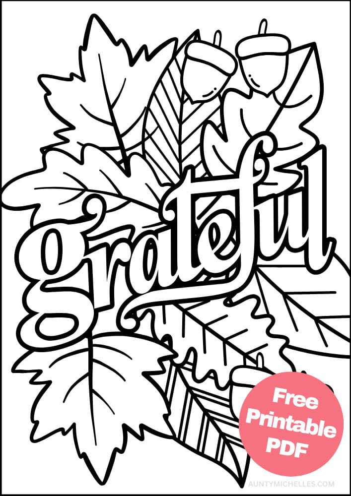 Coloring page with the word grateful in front of leaves and acorns