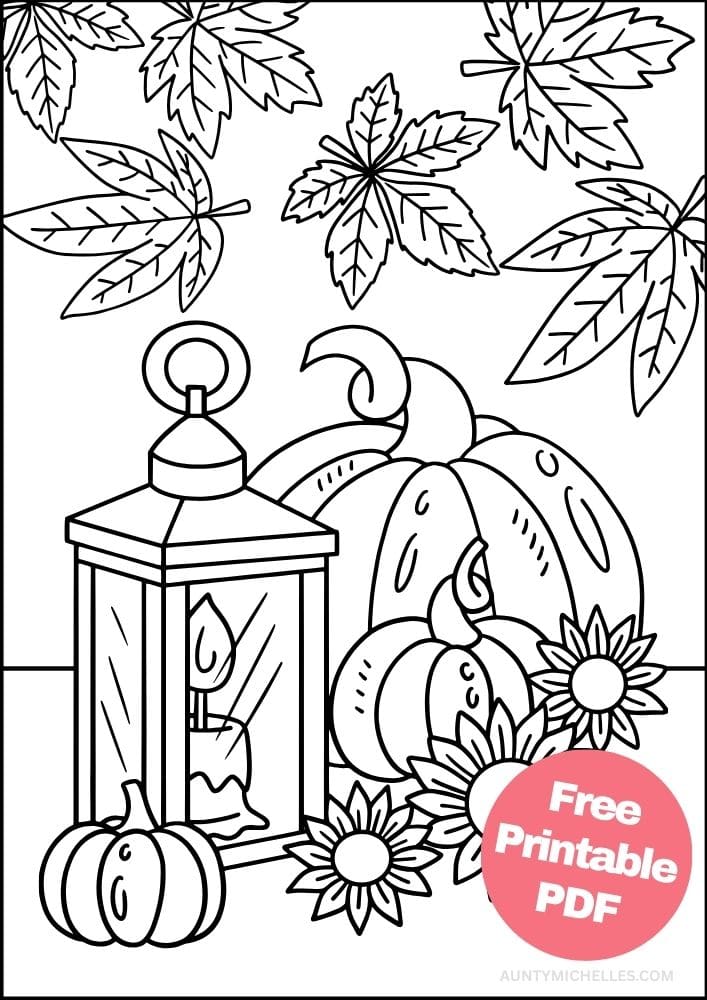 Coloring page with three pumpkins, 3 sunflowers, a lantern and leaves falling from above