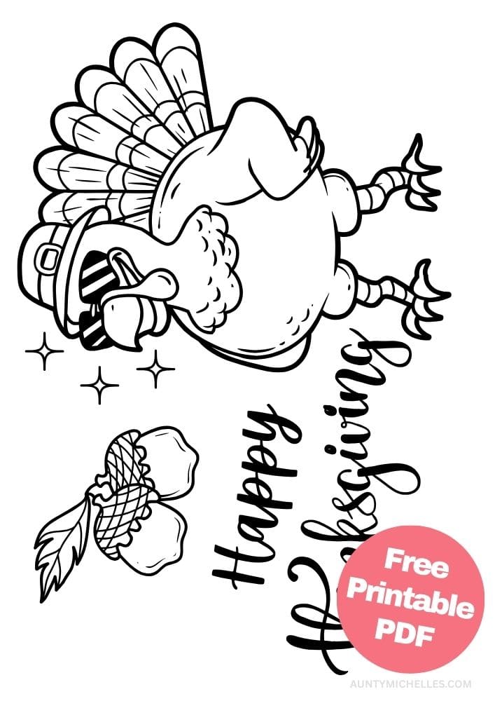 coloring page with a cool Turkey wearing a pilgrim hat and sunglasses