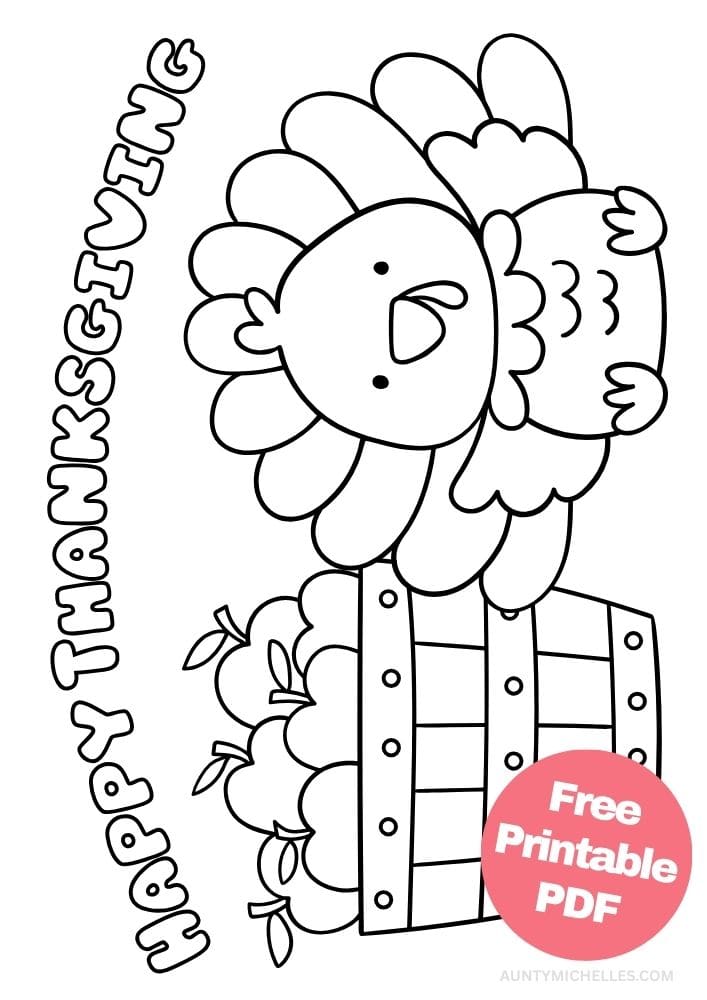 This printable Thanksgiving themed coloring page features an adorable turkey sitting next to a basket of freshly picked apples