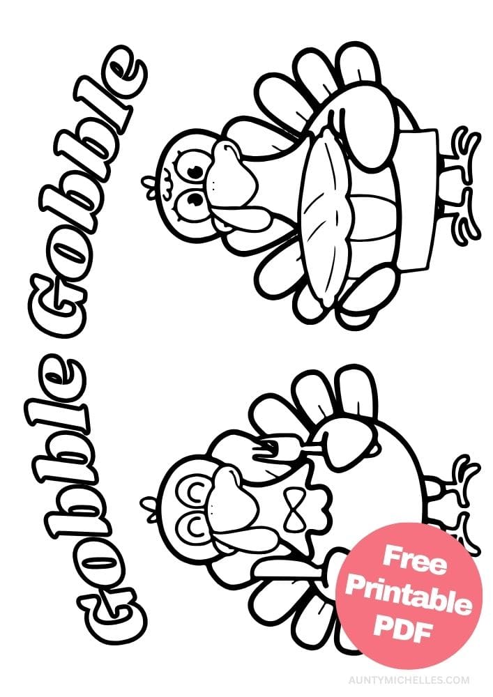 Thanksgiving themed coloring page with two cute turkeys getting ready to eat a pie