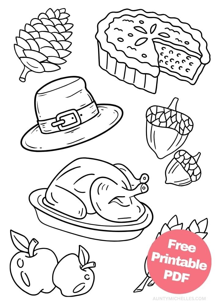 Thanksgiving themed coloring page with a pine cone, pilgrims hat, pie, acorns, cooked turkey, wheat, and apples
