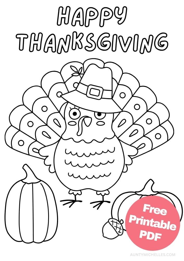 Coloring page with a cute easy to color turkey, two pumpkins, an acorn, and the words Happy Thanksgiving