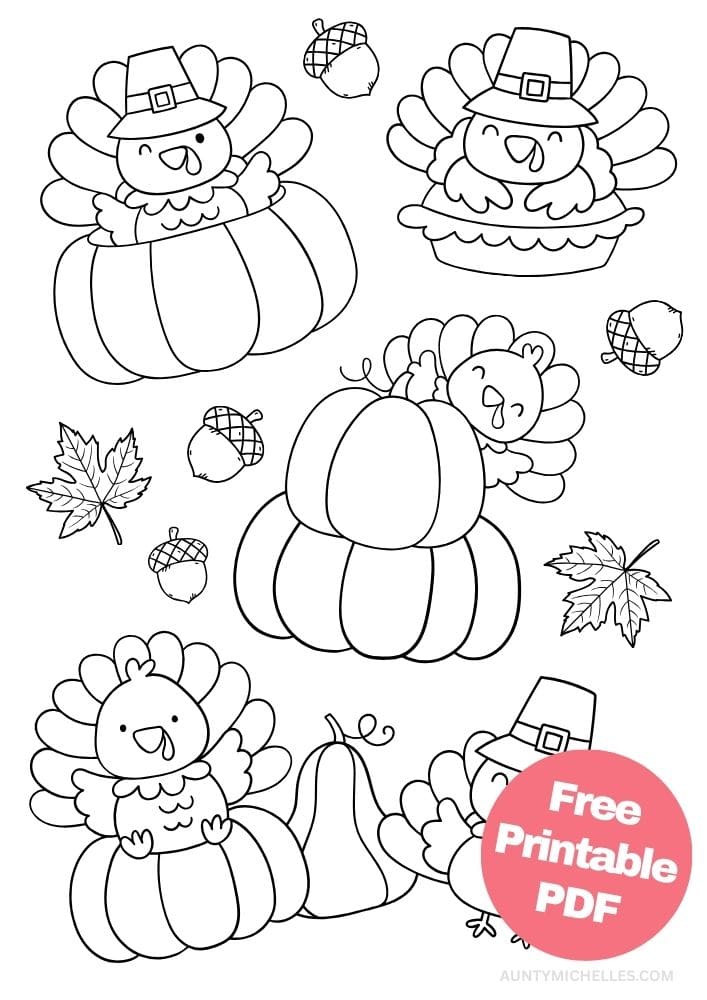 Thanksgiving themed coloring page with five different cute turkeys wearing pilgrim hats and playing on pumpkins with acorns and leaves around them