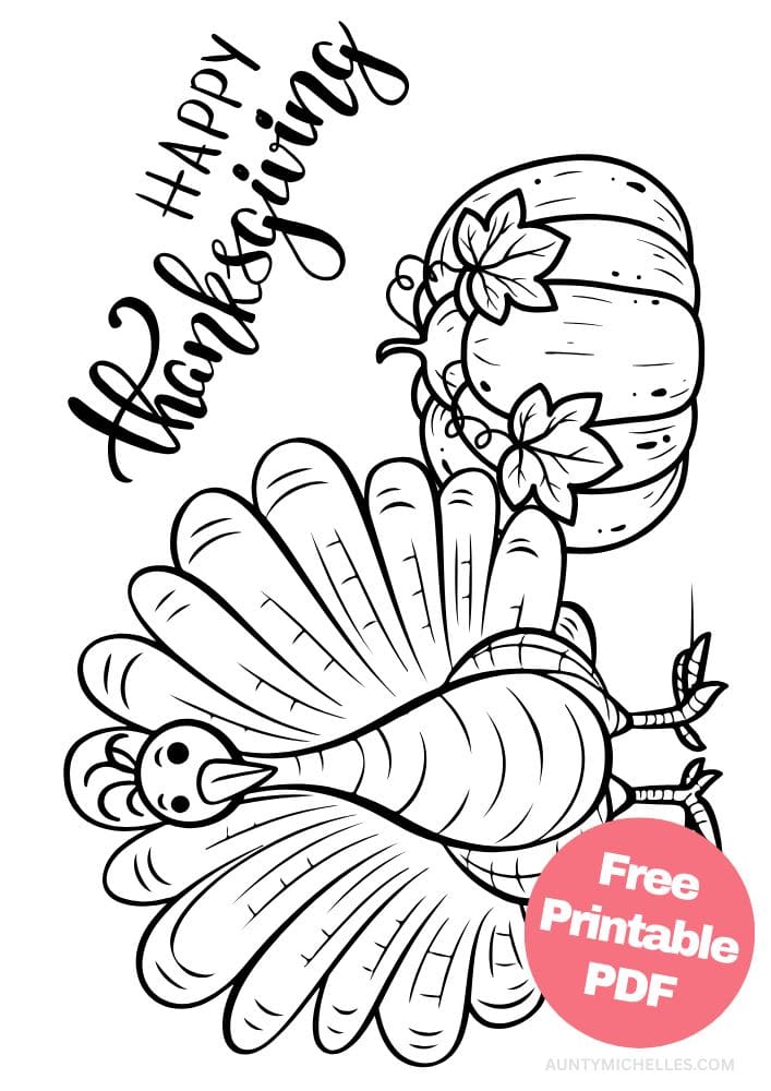 Printable coloring page features a goofy looking turkey next to a large pumpkin