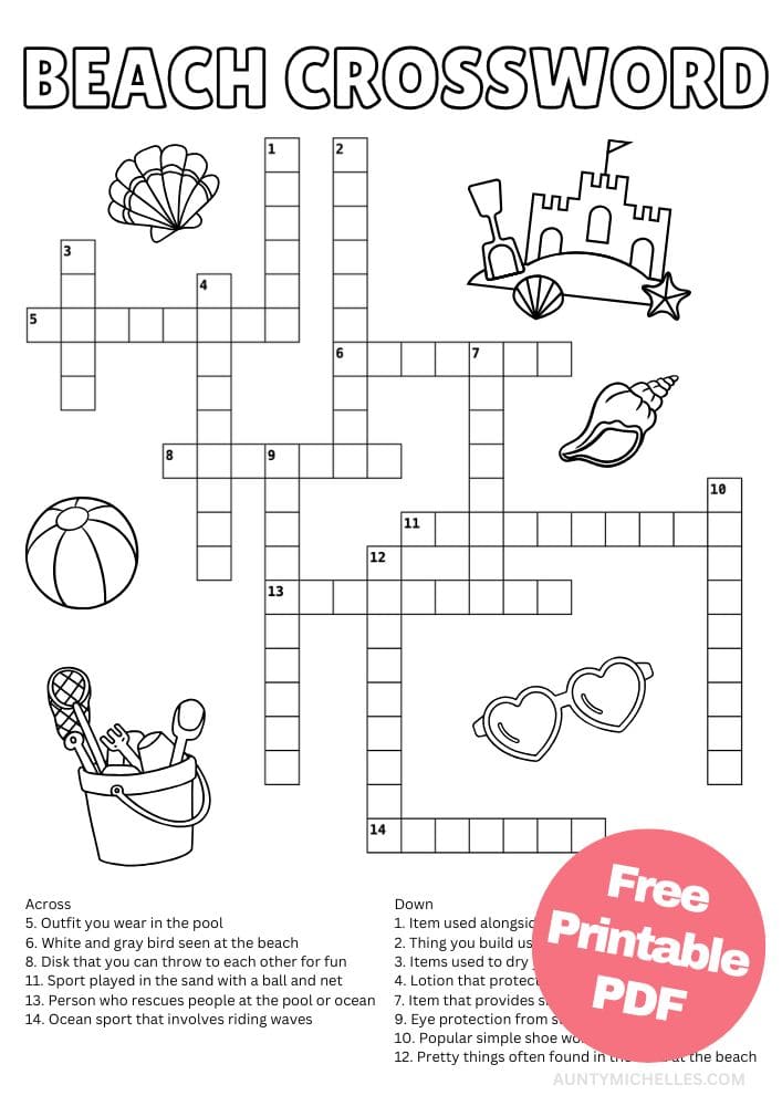 Kids Beach Themed Crossword Puzzle Worksheets