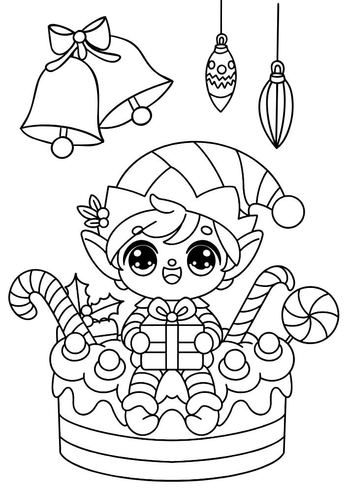 An elf coloring page with a baby elf sitting on top of a Christmas cake