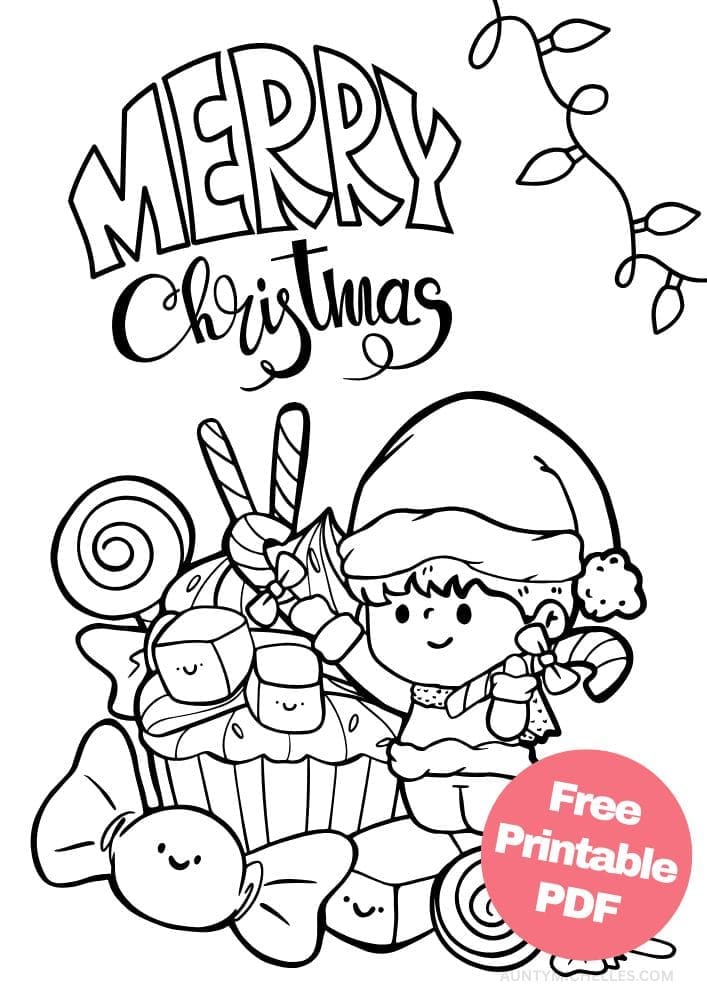 A coloring page with a small elf adding candy to a large pile of sweets