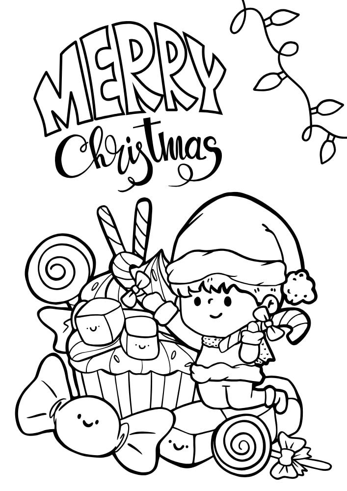 A coloring page with a small elf adding candy to a large pile of sweets