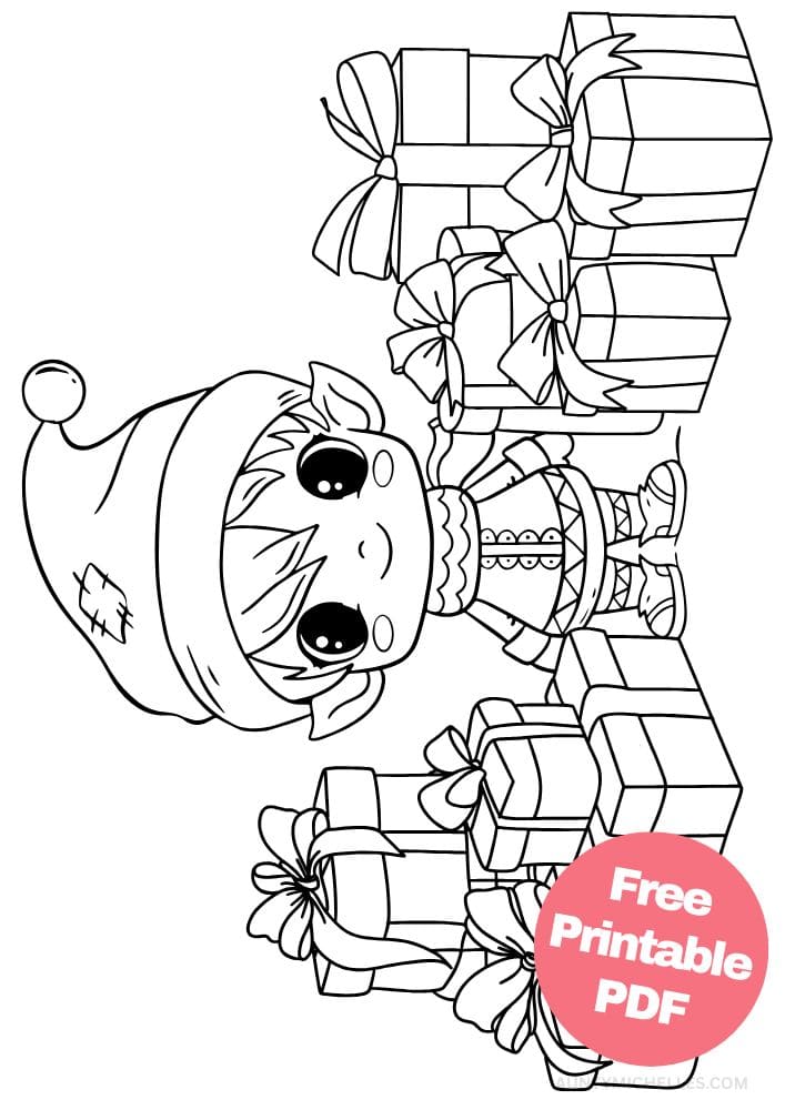 An elf themed coloring page with a young elf wearing winter clothes and surrounded by gifts