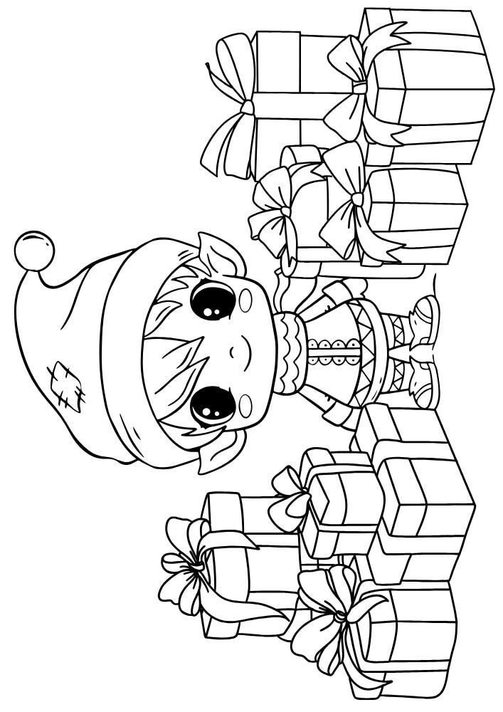 An elf themed coloring page with a young elf wearing winter clothes and surrounded by gifts