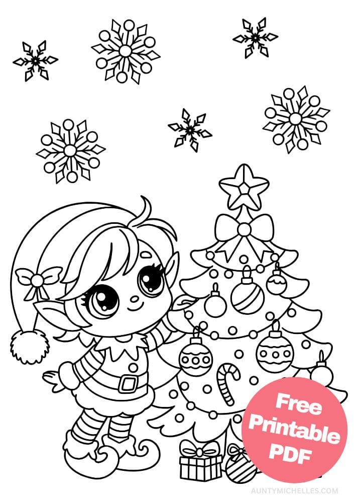 An elf coloring page with an adorable girl elf decorating a Christmas tree
