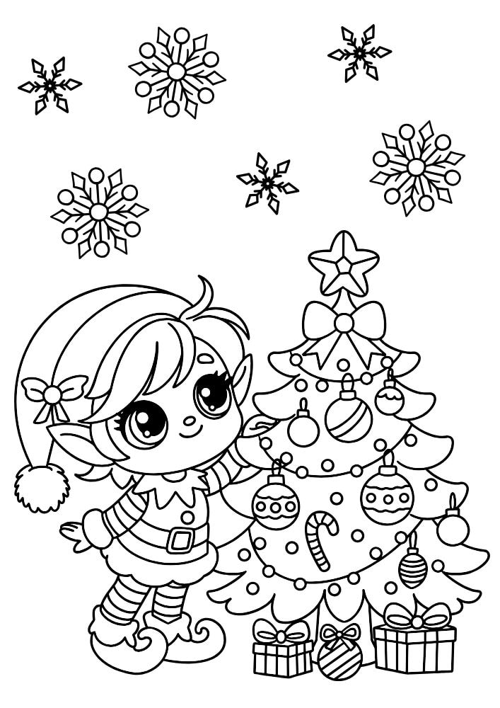 An elf coloring page with an adorable girl elf decorating a Christmas tree