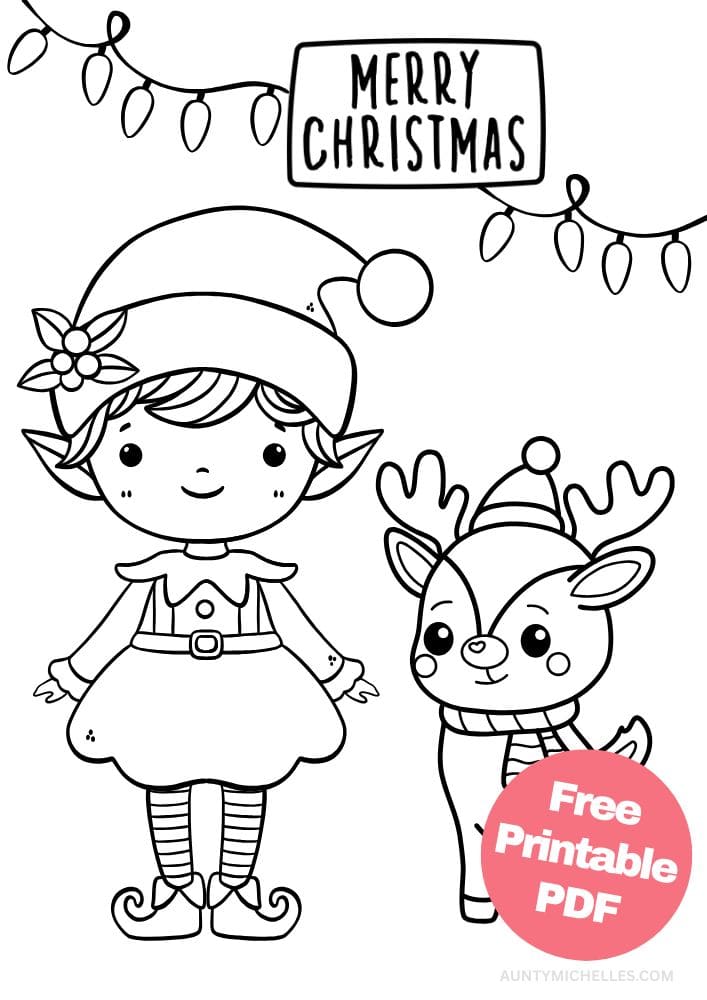An elf inspired coloring page with a girl elf and Rudolph standing under Christmas lights