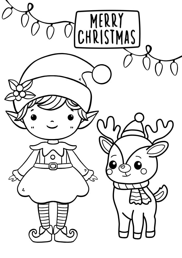 An elf inspired coloring page with a girl elf and Rudolph standing under Christmas lights