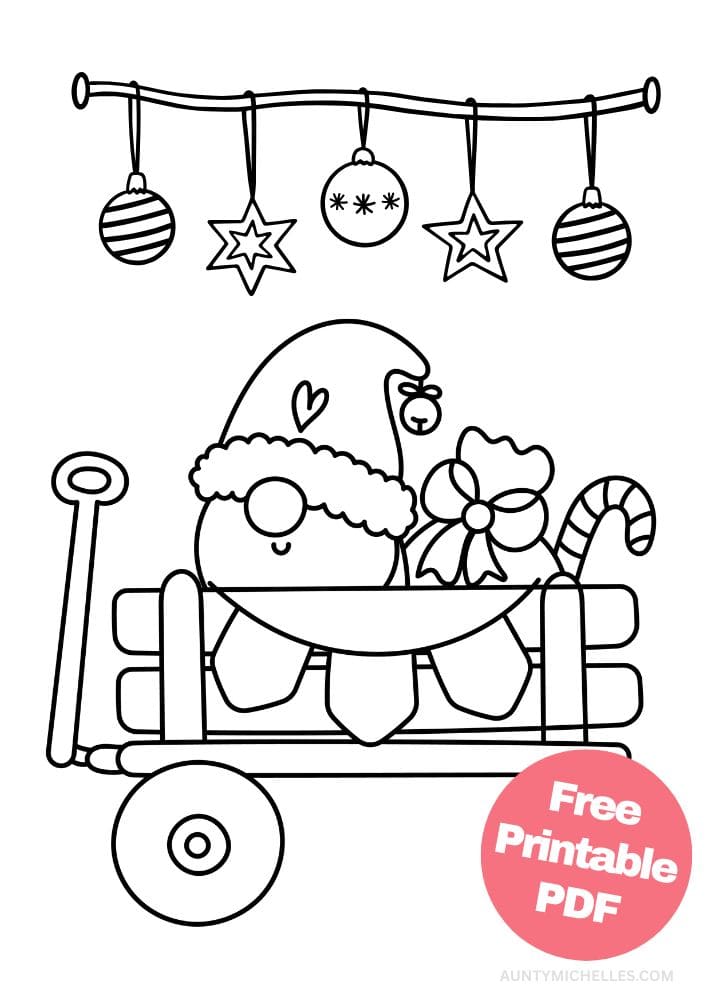 An elf inspired coloring page with a gnome in a wagon full of gifts