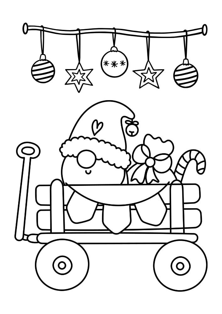 An elf inspired coloring page with a gnome in a wagon full of gifts