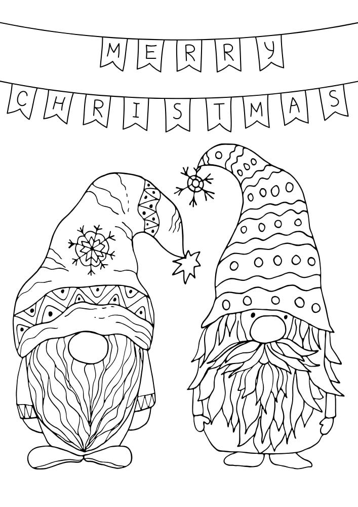 A gnome coloring page with two Christmas gnomes wearing large hats