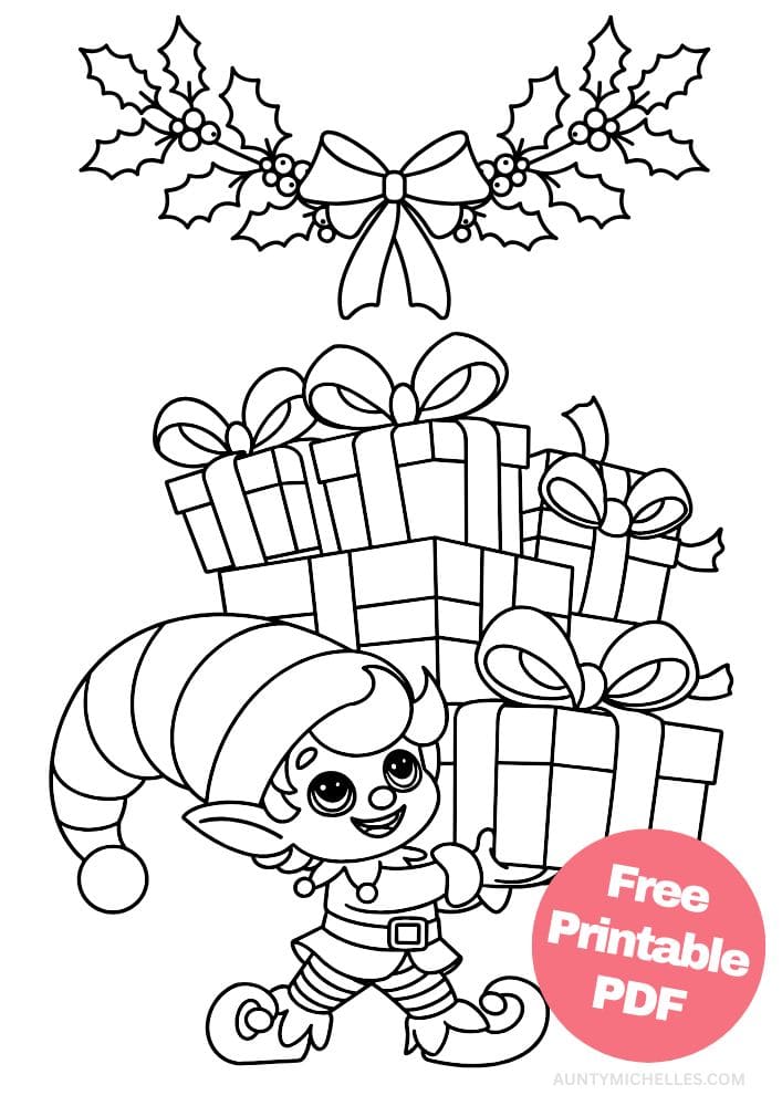 A coloring page with a small elf lifting a large pile of presents