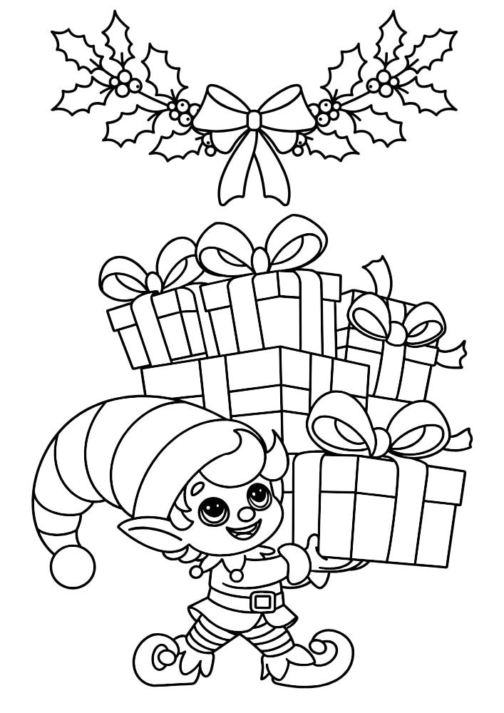 A coloring page with a small elf lifting a large pile of presents