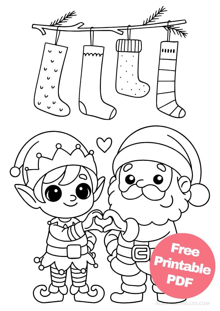 An elf coloring page with an elf and Santa making a heart shape with their hands