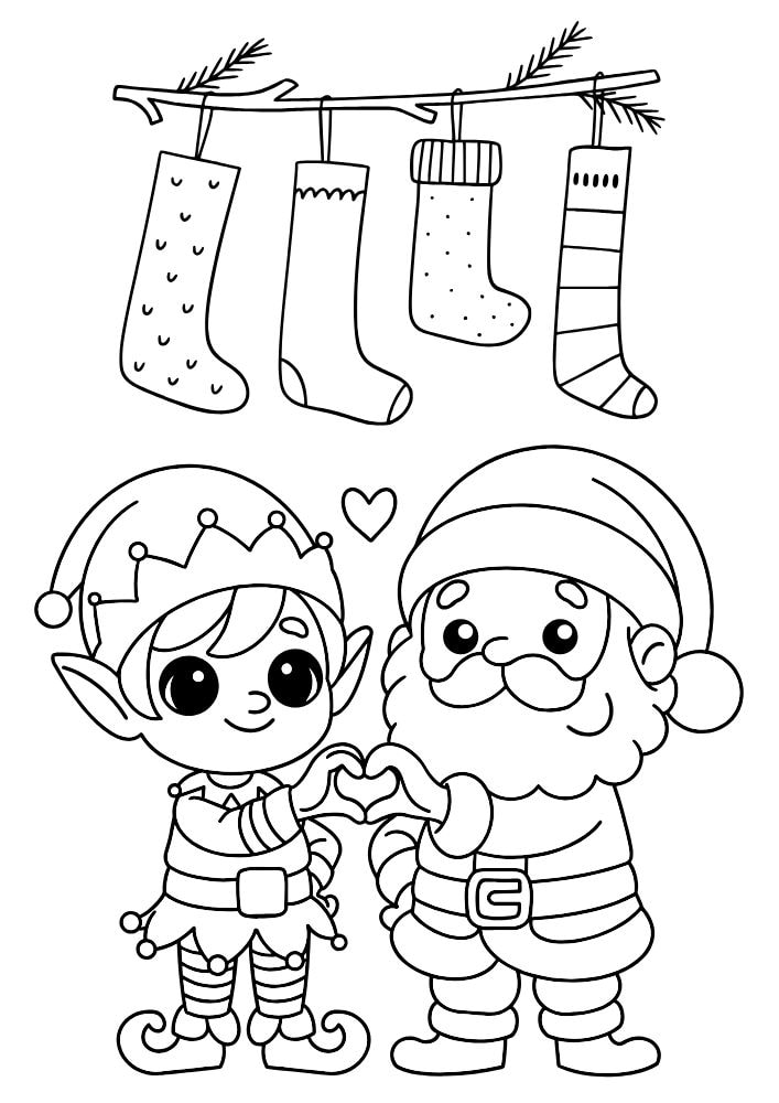 An elf coloring page with an elf and Santa making a heart shape with their hands